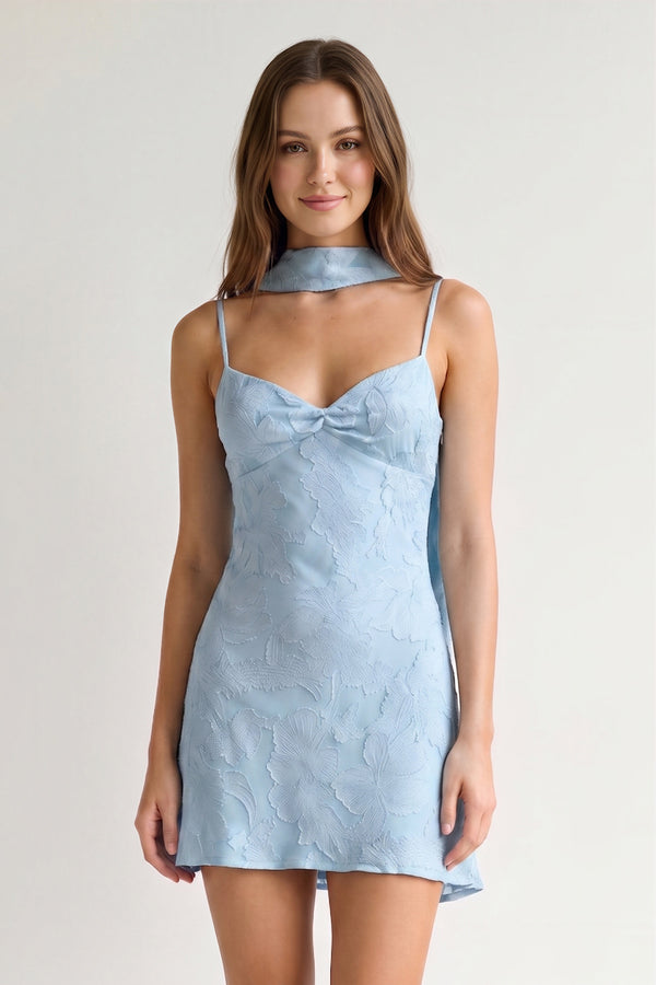 Sky Blue Jacquard Chiffon Cami Straps Sheath Homecoming Dress with Scarf | KISSPROM