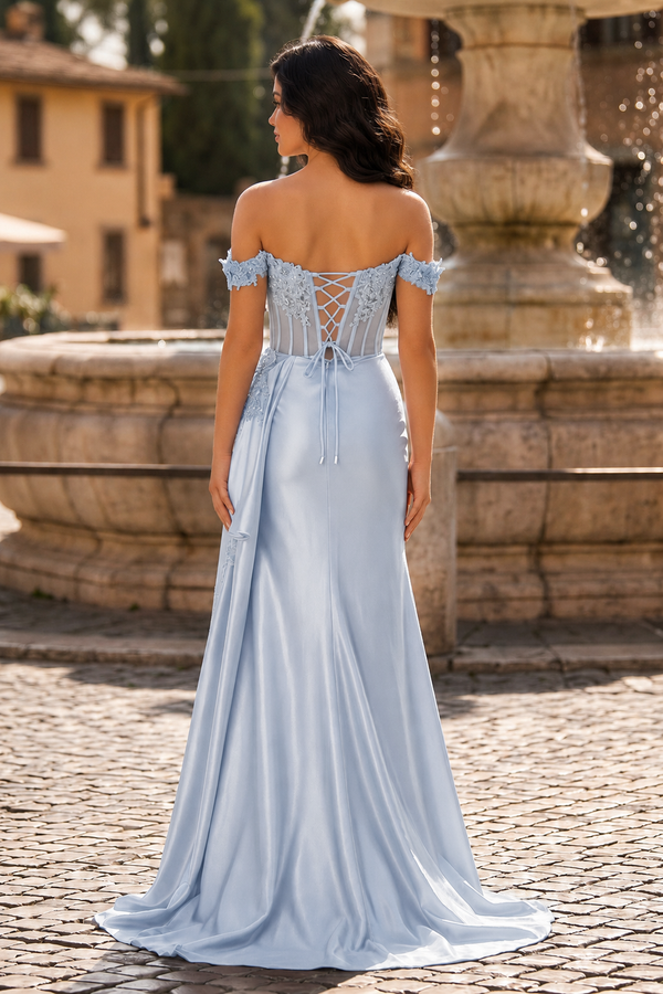 Off the Shoulder Satin Beaded Prom Dress With Appliques