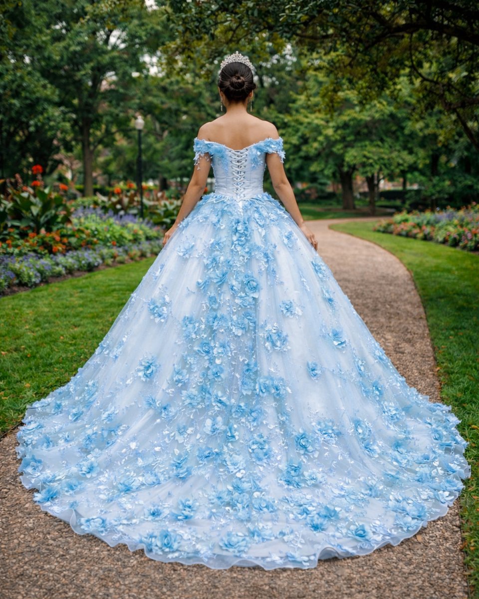 KissProm Sky Blue Lace Dress Off The Shoulder 3D Flowers Quinceanera Dresses, Sky Blue / Custom Size