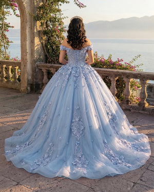 Sky Blue Lace Off the Shoulder Ball Gown Quinceanera Dresses (2) | KISSPROM