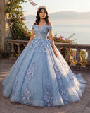 Sky Blue Lace Off the Shoulder Ball Gown Quinceanera Dresses | KISSPROM