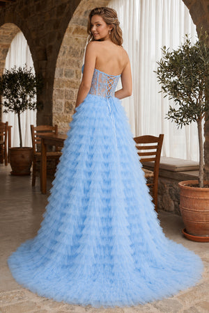 A-line Strapless Multi-Layers Tulle Prom Dress with Slit - KissProm