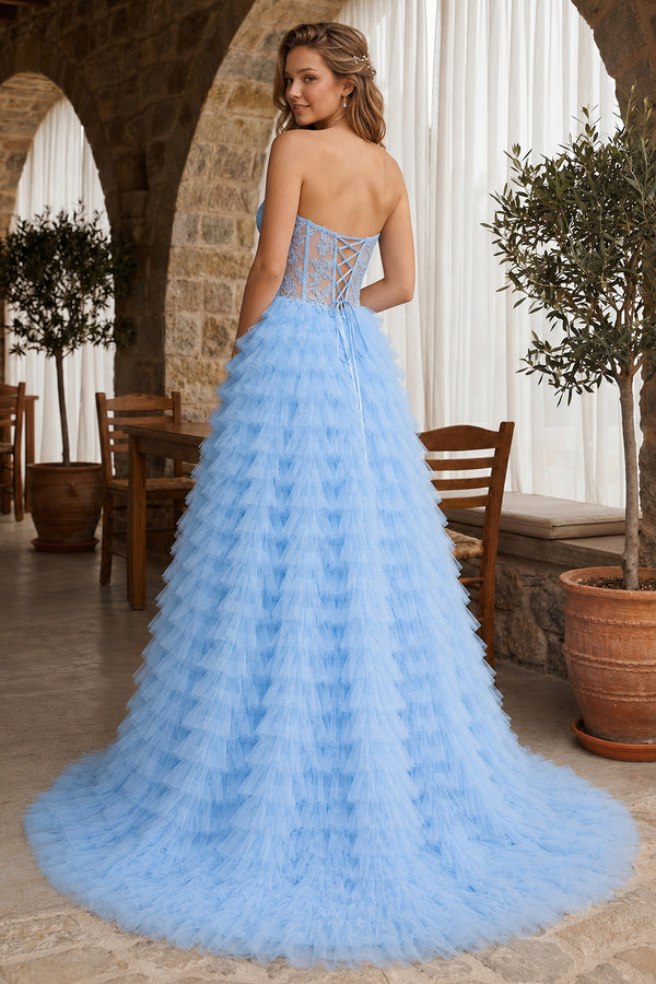 A-line Strapless Multi-Layers Tulle Prom Dress with Slit - KissProm