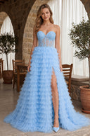 A-line Strapless Multi-Layers Tulle Prom Dress with Slit - KissProm