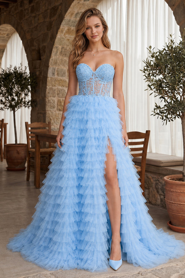 A-line Strapless Multi-Layers Tulle Prom Dress with Slit - KissProm