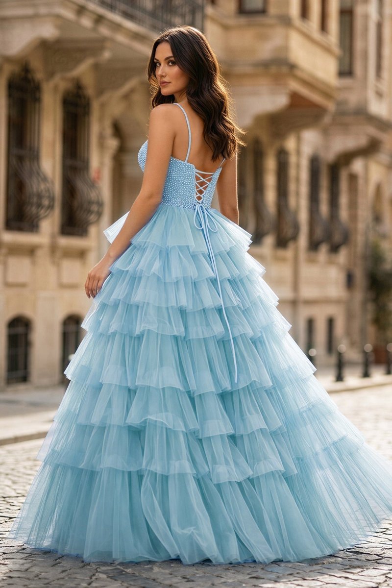 Spaghetti Straps Sweetheart Layered Tulle Formal Prom Dress with Slit