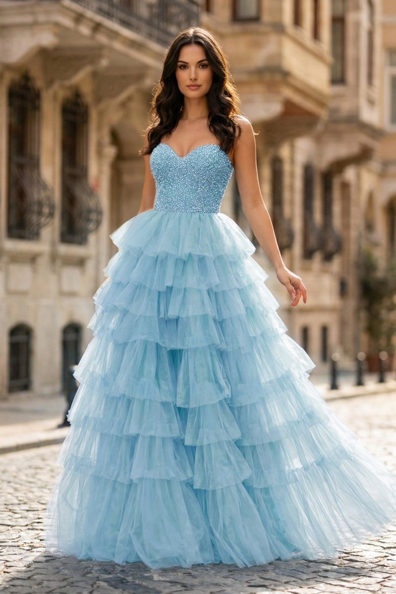 KissProm Spaghetti Straps Sweetheart Layered Tulle Formal Prom Dress with Slit, Aqua / 16