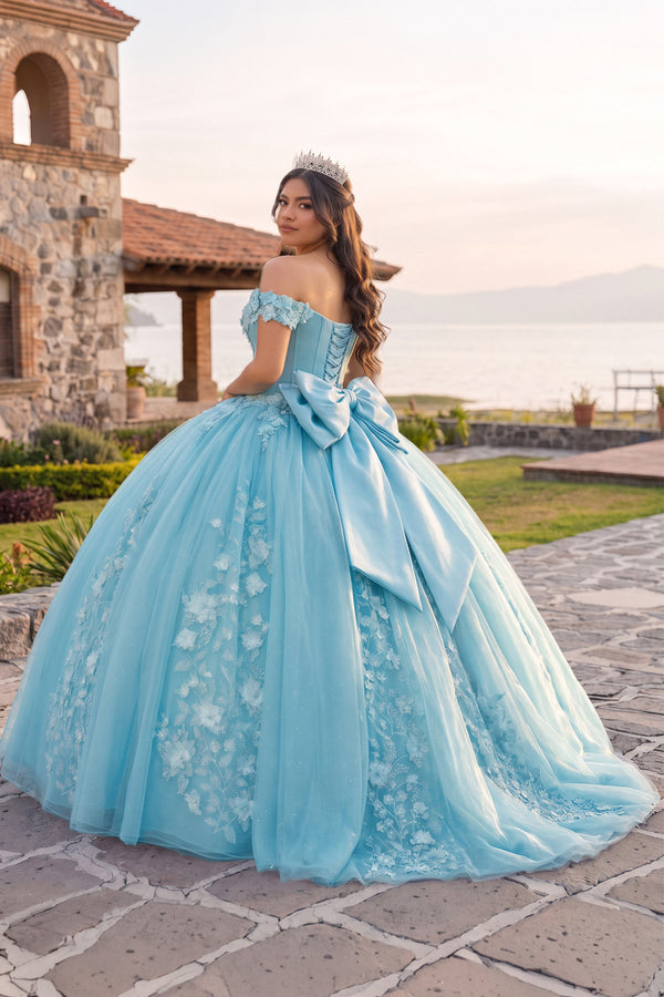 Sky Blue Off Shoulder 3D Floral Applique Quinceanera Dresses (2) | KISSPROM