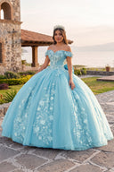 Sky Blue Off Shoulder 3D Floral Applique Quinceanera Dresses | KISSPROM