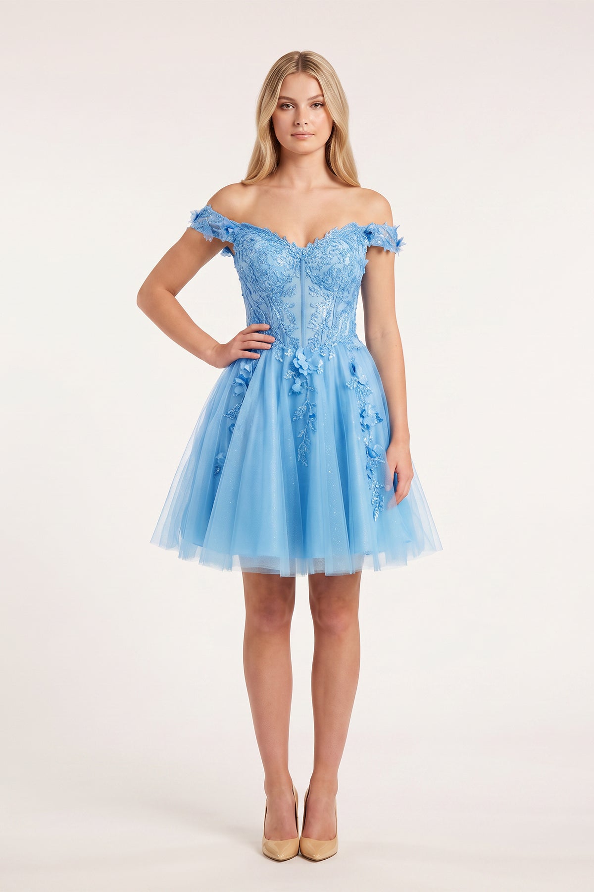KissProm Green Off-the-Shoulder Beaded Appliques A-Line Homecoming Dress, Sky Blue / 6