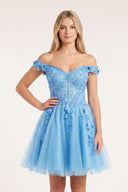 Sky Blue Off-the-Shoulder Beaded Appliques A-Line Homecoming Dress | KISSPROM