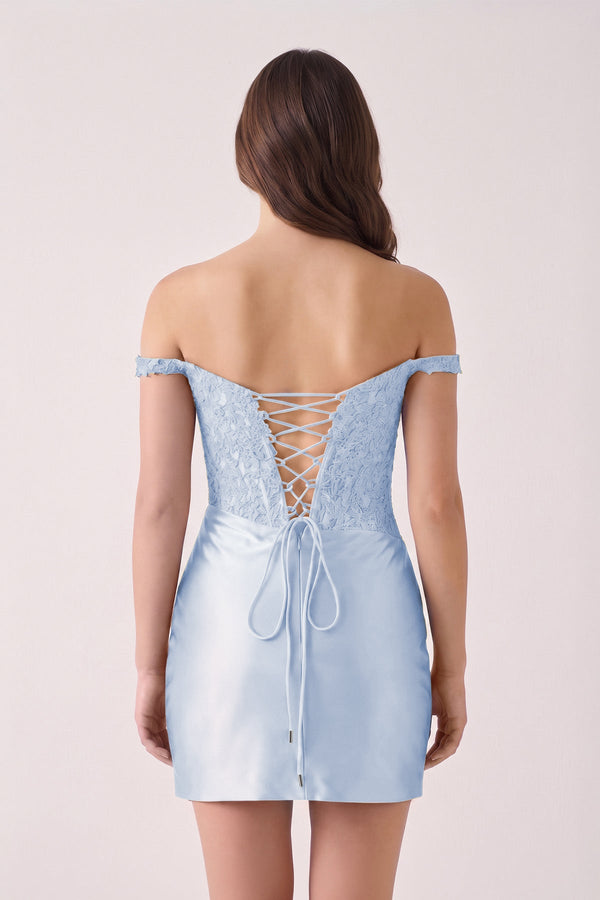 Sky Blue Off The Shoulder Bodycon Satin Mini Party Dress With Appliques (2) | KISSPROM