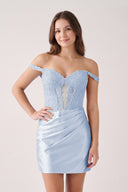 Sky Blue Off The Shoulder Bodycon Satin Mini Party Dress With Appliques | KISSPROM