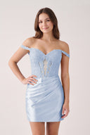 Sky Blue Off The Shoulder Bodycon Satin Pleated Homecoming Dresses With Appliques | KISSPROM
