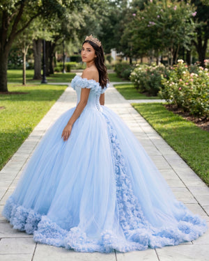 Sky Blue Off The Shoulder Flowers Tulle Ball Gown Quinceanera Dresses (2) | KISSPROM