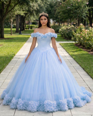 Sky Blue Off The Shoulder Flowers Tulle Ball Gown Quinceanera Dresses | KISSPROM