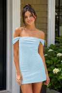Sky Blue Off the Shoulder Linen Sheath Homecoming Dress with Lace Up Back | KISSPROM