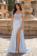 Sky Blue Off the Shoulder Satin Beaded Long Party Dress With Slit | KISSPROM