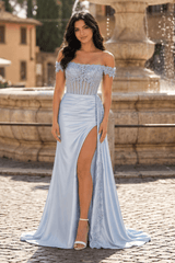 Sky Blue Off the Shoulder Satin Beaded Long Party Dress With Slit | KISSPROM