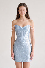 Sky Blue Off-the-Shoulder Satin Sheath Corset Mini Party Dress With Pearl | KISSPROM