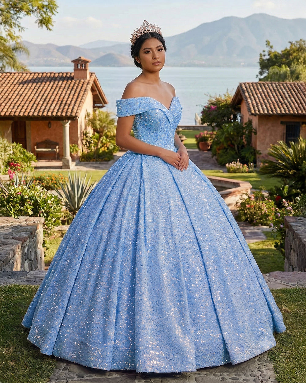 Sky Blue Off The Shoulder Sequined Ball Gown Quinceanera Dresses | KISSPROM