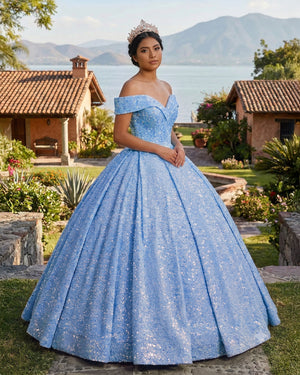 Sky Blue Off The Shoulder Sequined Ball Gown Quinceanera Dresses | KISSPROM