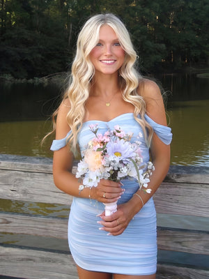 Sky Blue Off The Shoulder Tulle Short Homecoming Dresses | KISSPROM