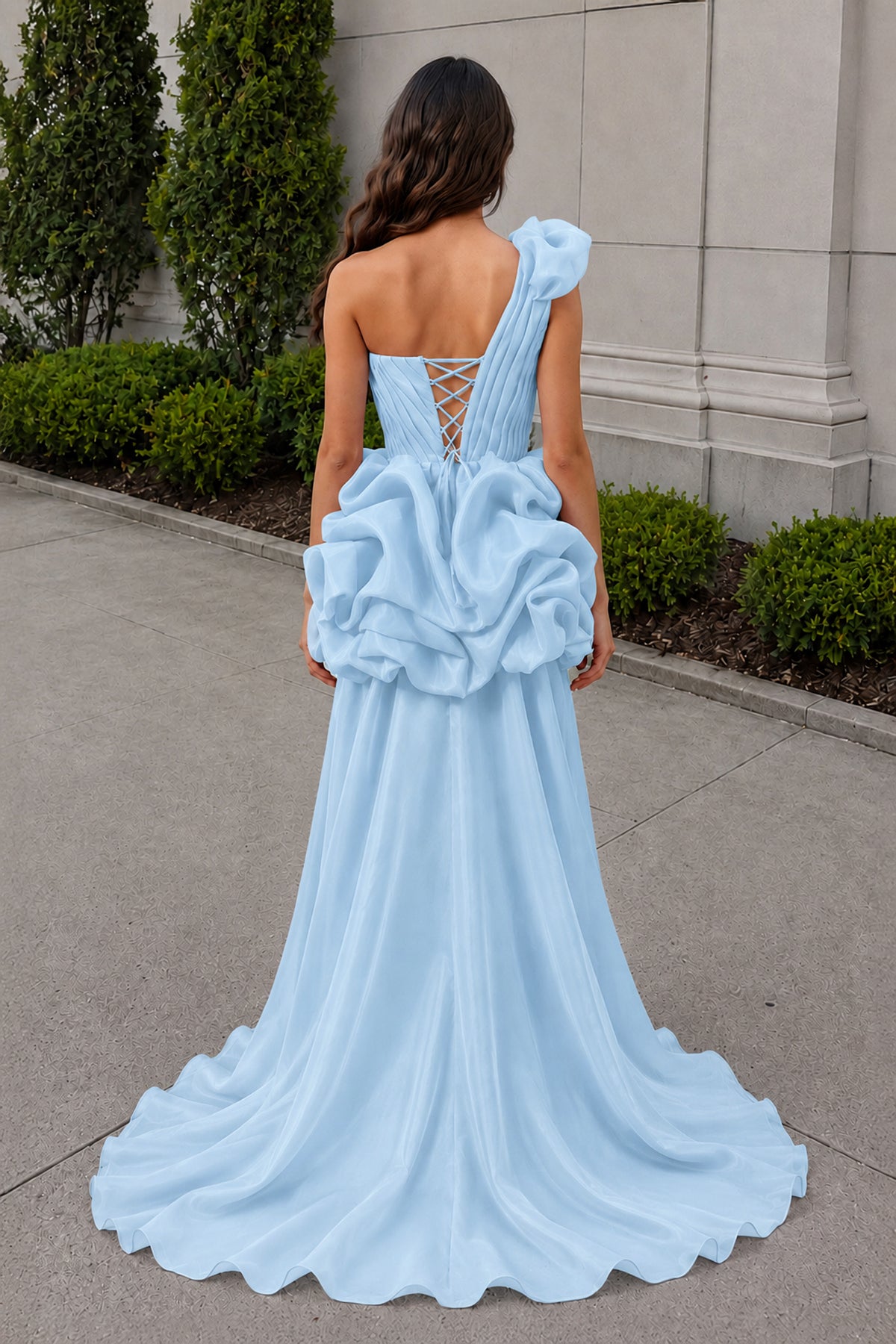 KissProm Hot Pink One Shoulder Organza High Low Homecoming Dress With Ruffles, Sky Blue / 0