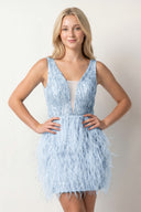 Sky Blue Plunge Feathers Sheath Homecoming Dress With Beading | KISSPROM