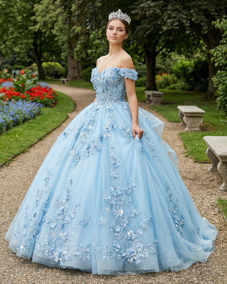 KissProm Romantic Sleeveless Beading Quinceanera Dresses with 3D Flower Appliques, Sky Blue / 8