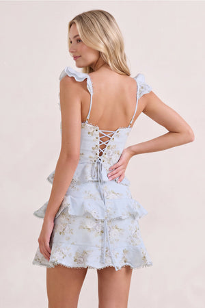 Sky Blue Printed Knitted Linen Ruffled Sheath Homecoming Dress (2) | KISSPROM