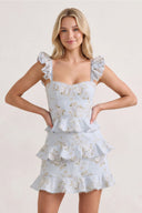 Sky Blue Printed Knitted Linen Ruffled Sheath Homecoming Dress | KISSPROM