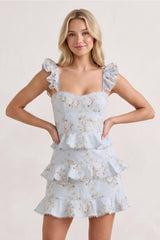 Sky Blue Printed Knitted Linen Ruffled Sheath Homecoming Dress | KISSPROM