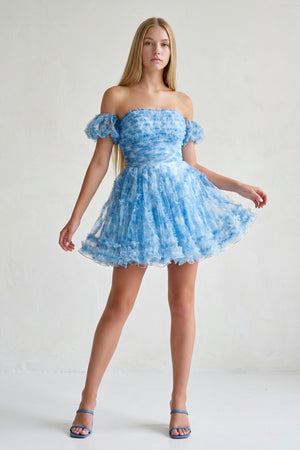 Sky Blue Puff Sleeves Ruffles A-line Prints Homecoming Dress - KISSPROM