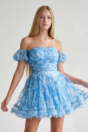 Sky Blue Puff Sleeves Ruffles A-line Prints Homecoming Dress - KISSPROM