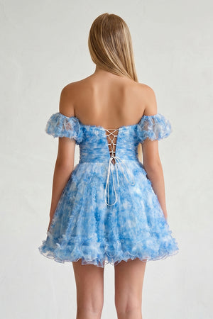 Sky Blue Puff Sleeves Ruffles A-line Prints Homecoming Dress - KISSPROM