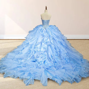 Sky Blue Quinceanera Dress with Pleats and Flowers - KissProm