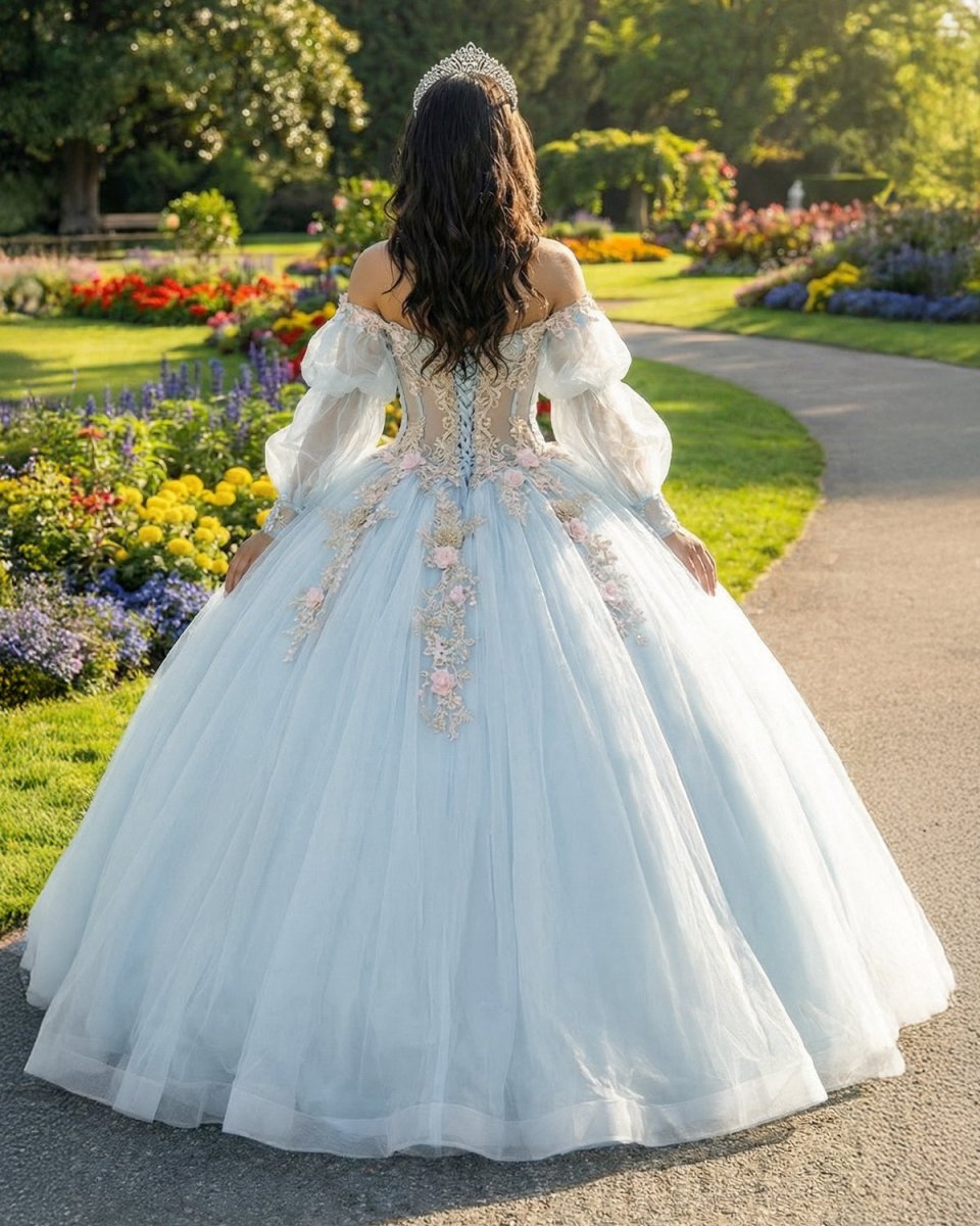 Sky Blue Quinceanera Dresses with 3D Flowers and Half Sleeve