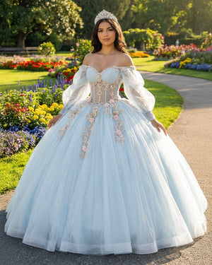 Sky Blue Quinceanera Dresses with 3D Flowers and Half Sleeve, Sky Blue / 2 Sky Blue Quinceanera Dresses with 3D Flowers and Half Sleeve, Sky Blue / 2