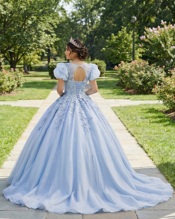 Sky Blue Romantic Quinceanera Organza Dress Ball Gown (2) | KISSPROM