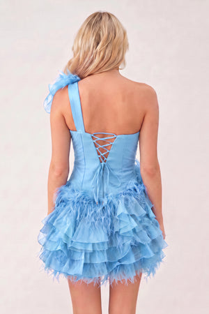 Sky Blue Ruffled Tulle Shoulder Short Homecoming Dress with Feather (2) | KISSPROM