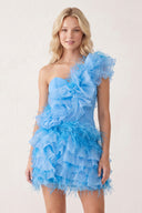 Sky Blue Ruffled Tulle Shoulder Short Homecoming Dress with Feather | KISSPROM