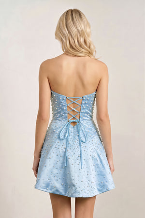 Sky Blue Satin A-Line Strapless Pearl Short Homecoming Dress | KISSPROM