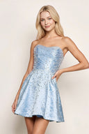 Sky Blue Satin A-Line Strapless Pearl Short Homecoming Dress | KISSPROM