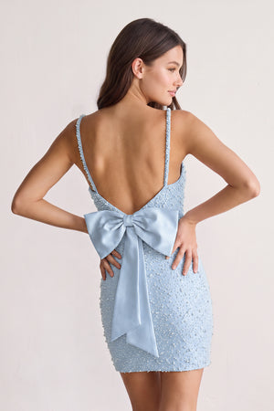 Sky Blue Scoop Neck Sheath Satin Beaded Homecoming Dress (2) | KISSPROM