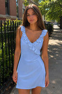 Sky Blue Scoop Neck Sheath Satin Ruffles Short Homecoming Dress | KISSPROM