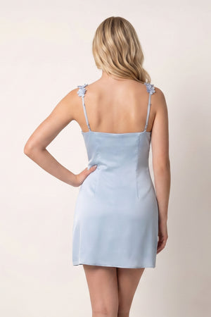 Sky Blue Sheath Satin V Neck Short Homecoming Dresses with Flower Straps (4) | KISSPROM