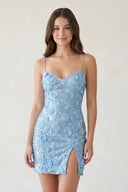 Sky Blue Sheath Sequin Open Back Mini Party Dresses with 3D Flowers- KissProm 