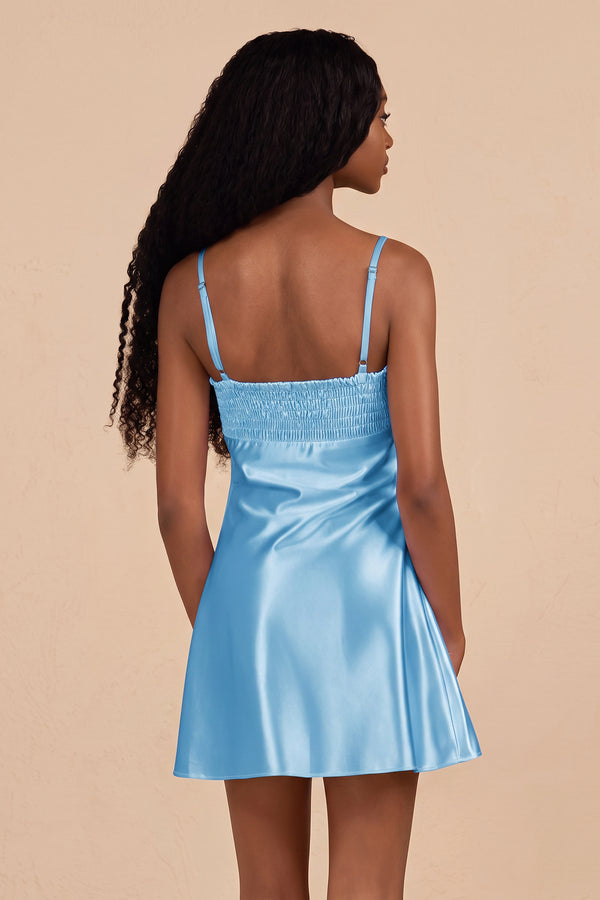 Sky Blue Sheath Spaghetti Straps Satin Homecoming Dress (2) | KISSPROM