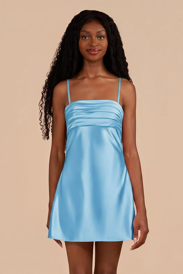 Sky Blue Sheath Spaghetti Straps Satin Homecoming Dress | KISSPROM